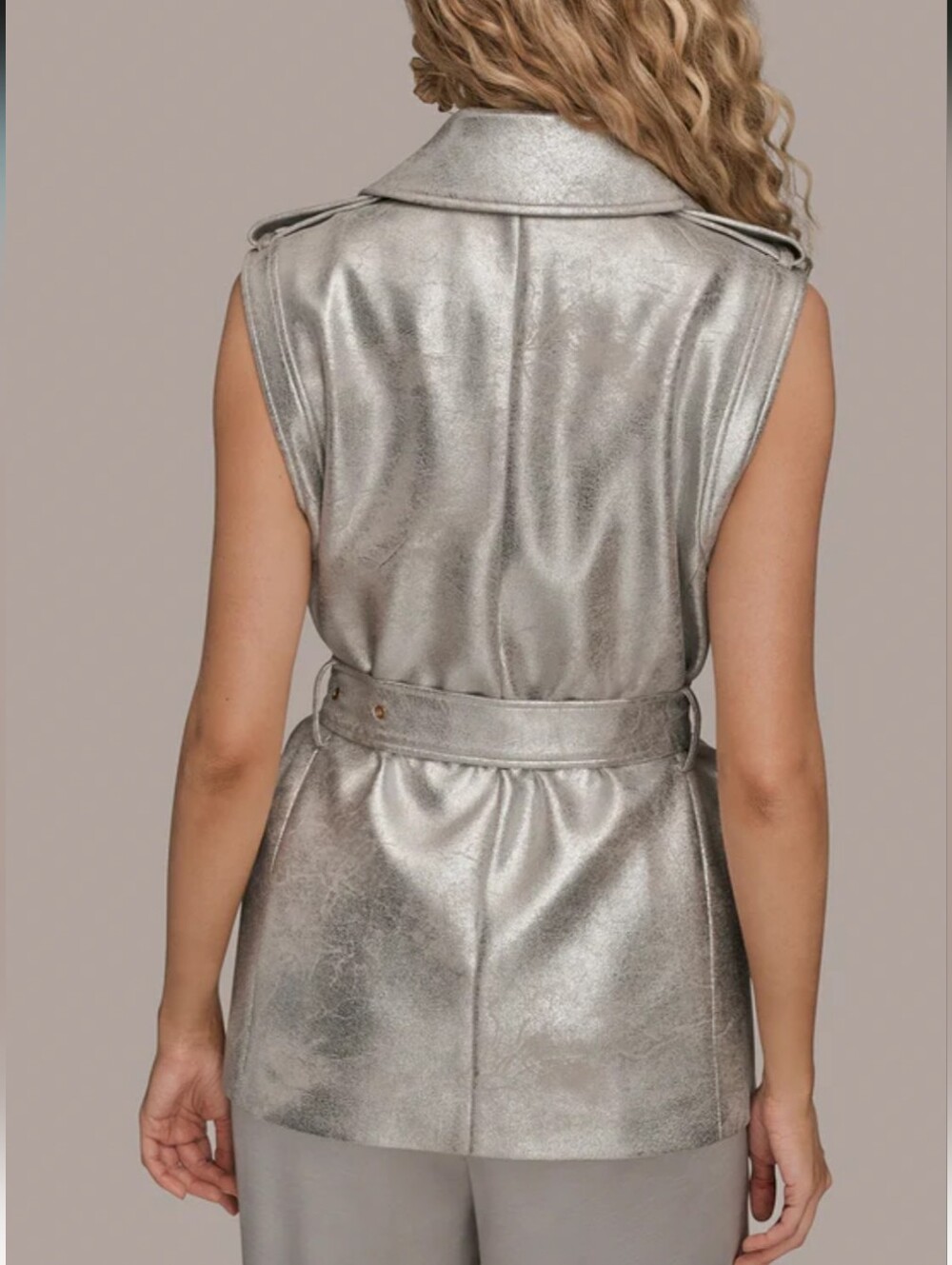 Donna Karan Sleeveless Metallic Silver Belted Vest , XL *NWT - Picture 2 of 7